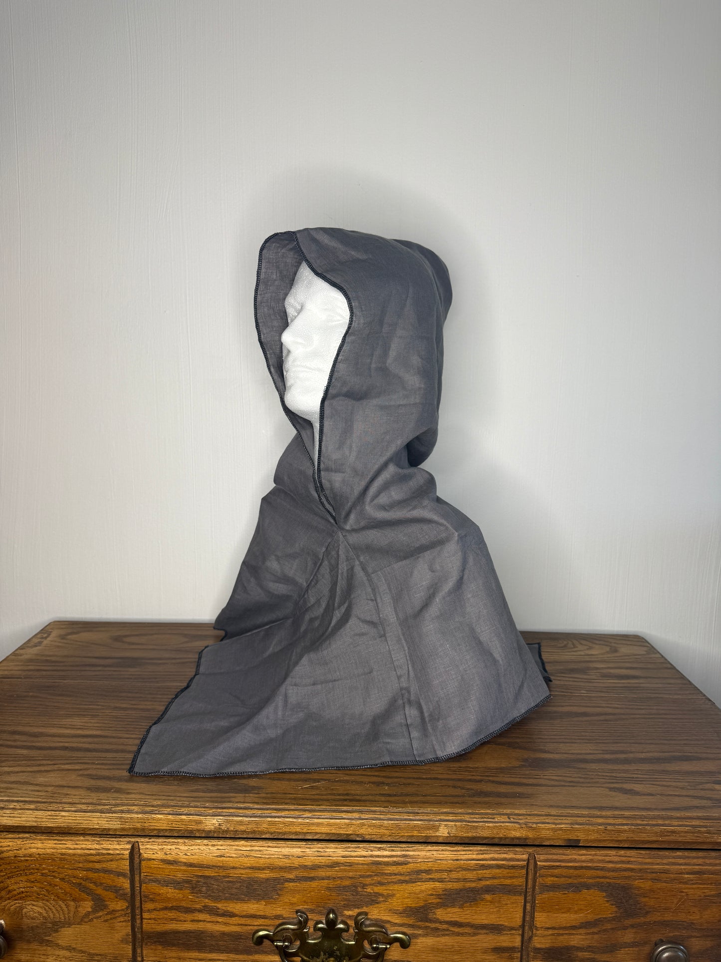 Grey Linen Hood, Black Thread