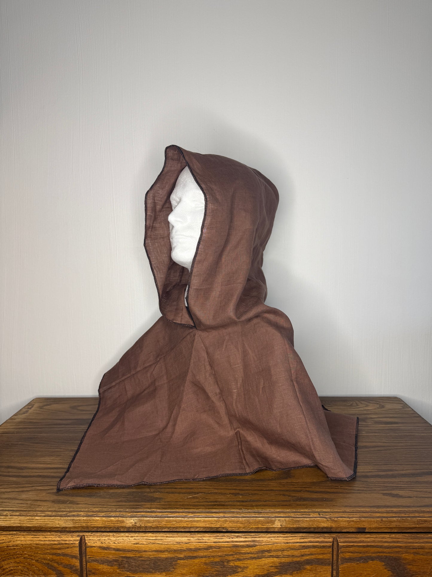 Brown Linen Hood, Black Thread