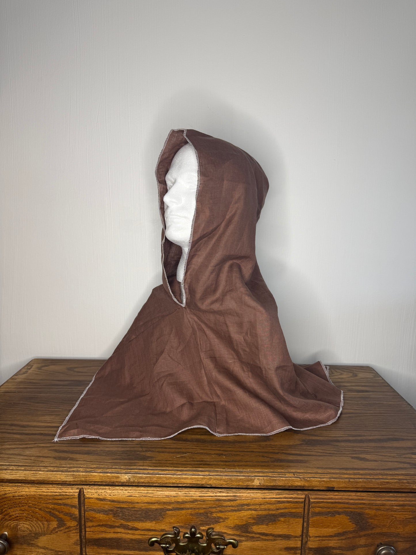 Brown Linen Hood, White Thread