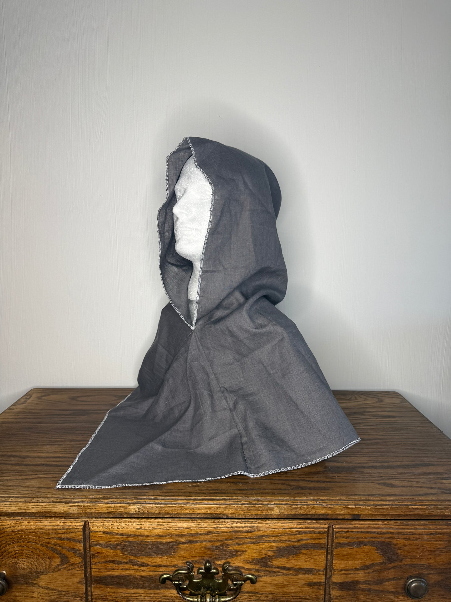 Gray Linen Hood, White Thread