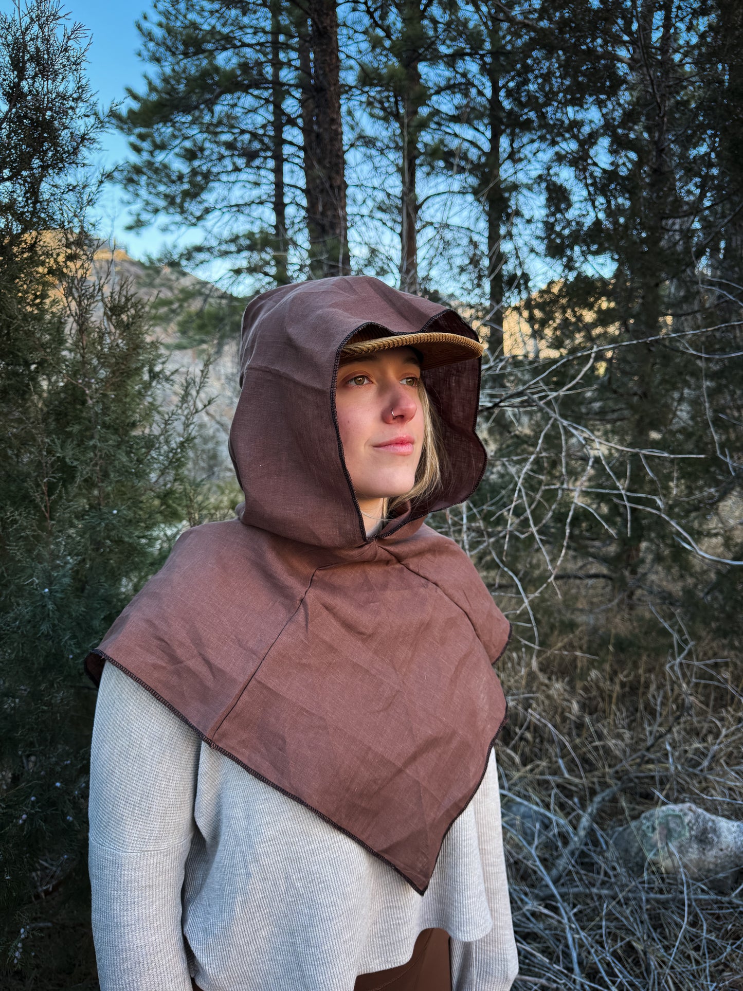 Brown Linen Hood, Black Thread