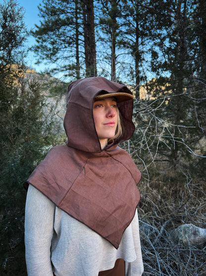 Brown Linen Hood, Black Thread