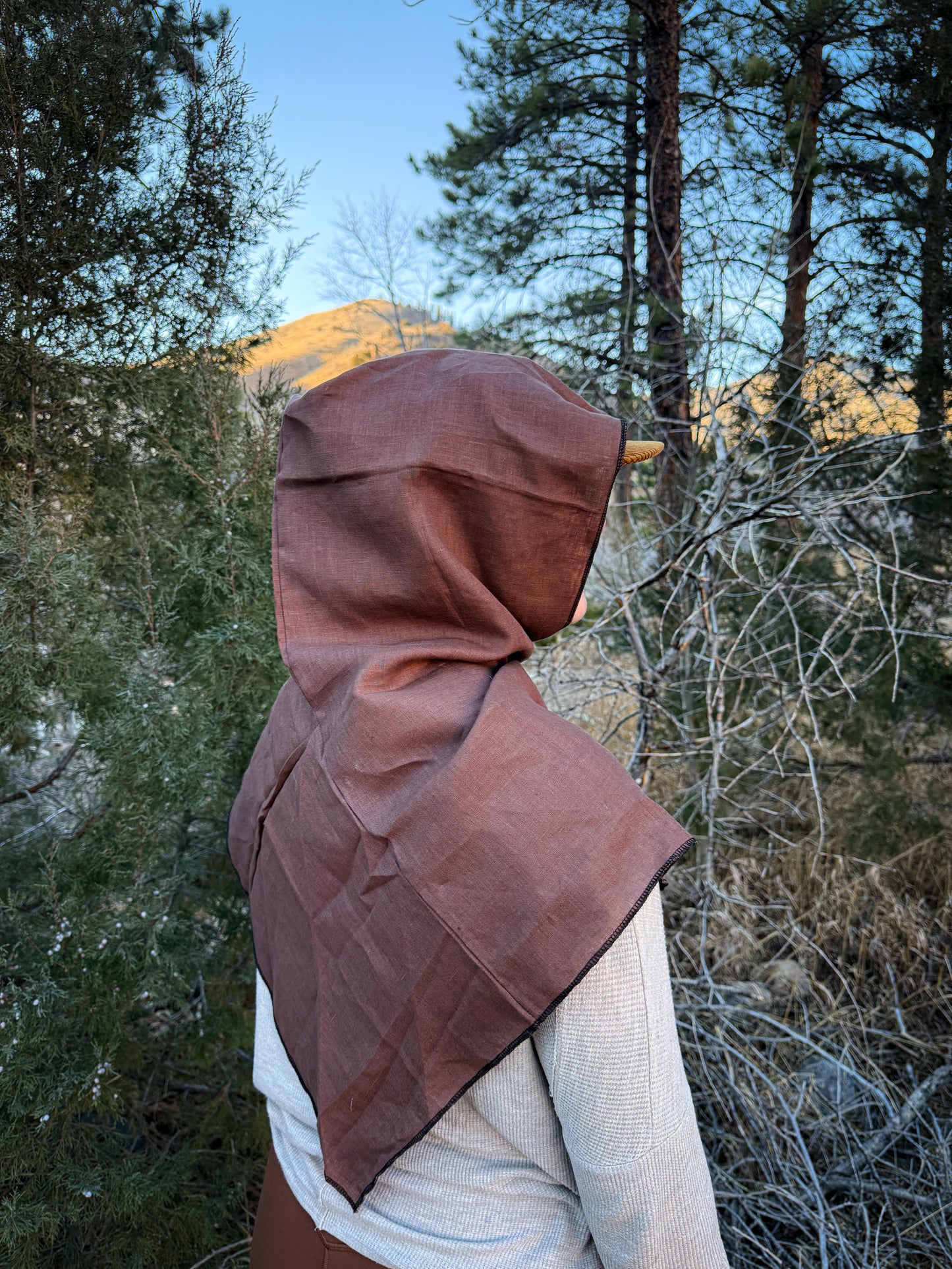 Brown Linen Hood, Black Thread