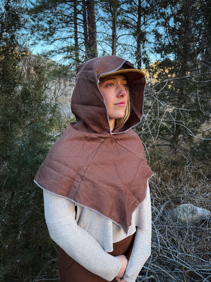 Brown Linen Hood, White Thread
