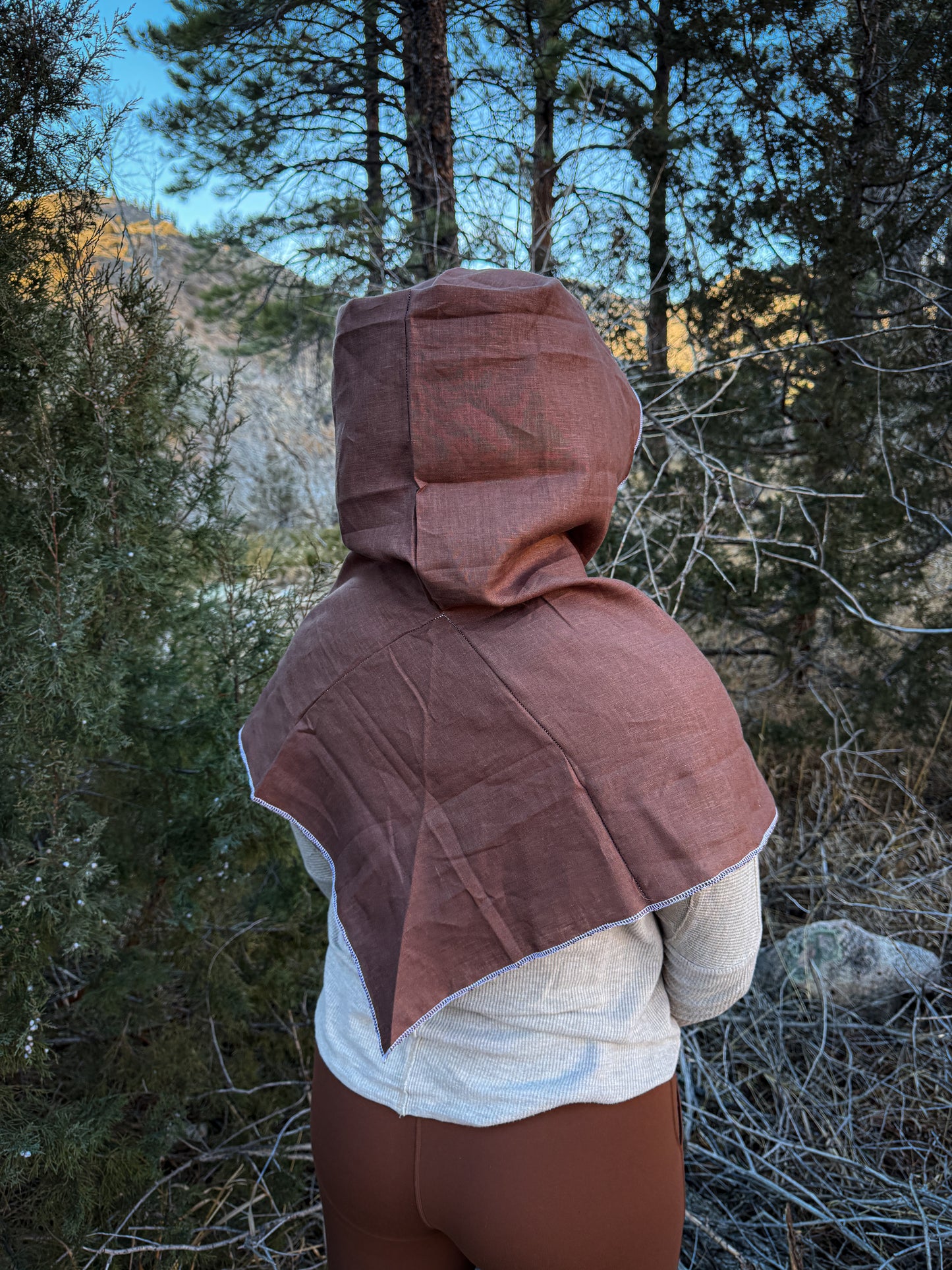 Brown Linen Hood, White Thread