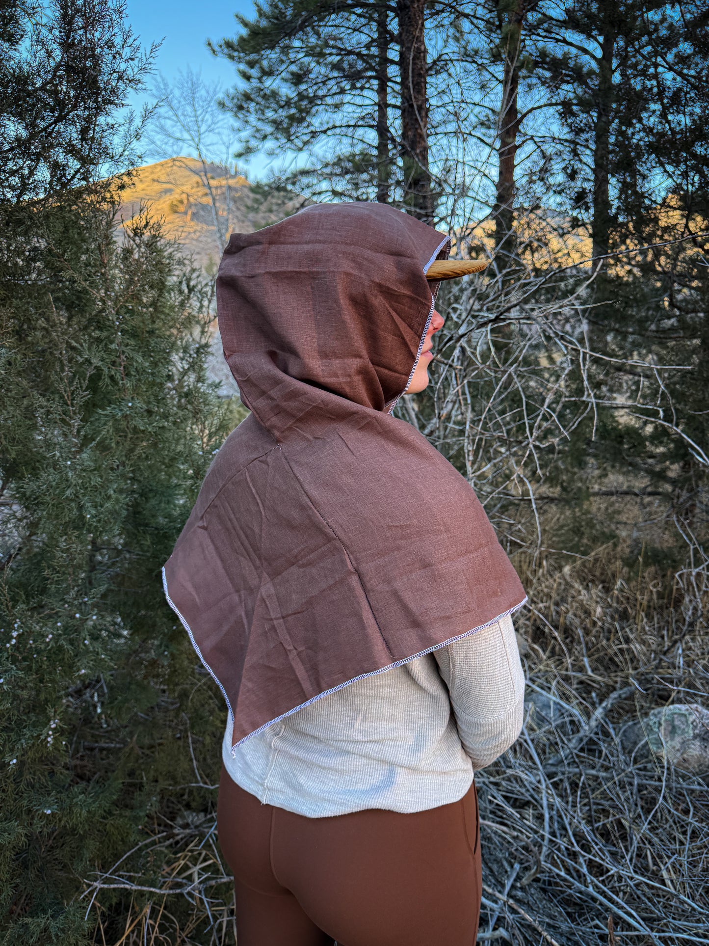 Brown Linen Hood, White Thread