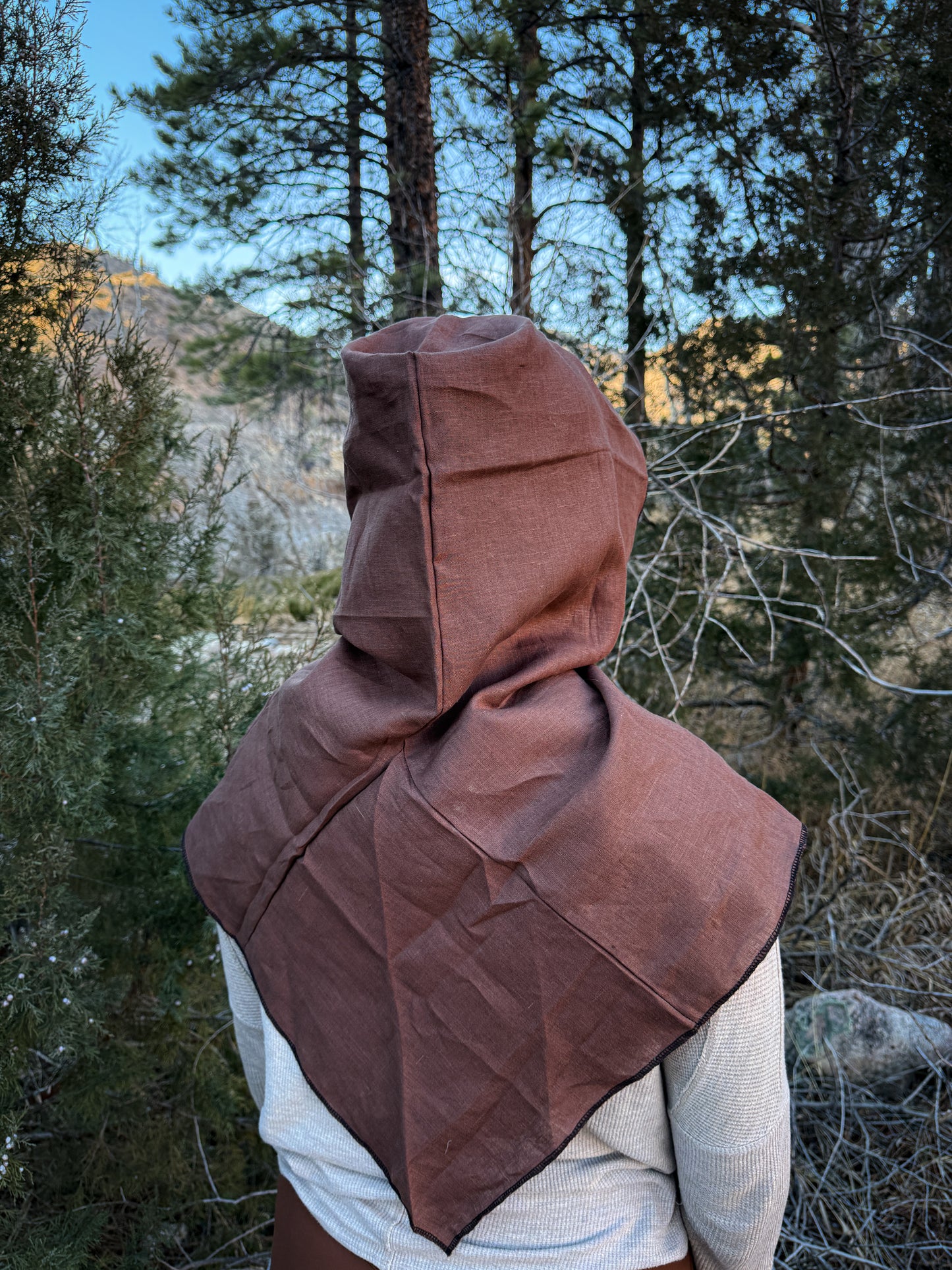 Brown Linen Hood, Black Thread