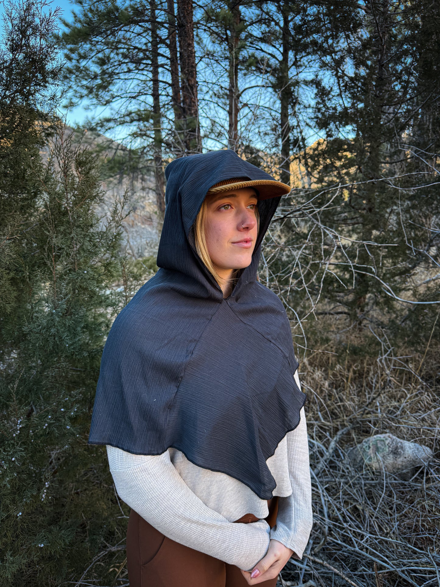 Charcoal Cotton Gauze Hood, Black Thread