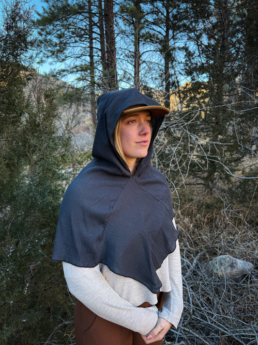 Charcoal Cotton Gauze Hood, Black Thread