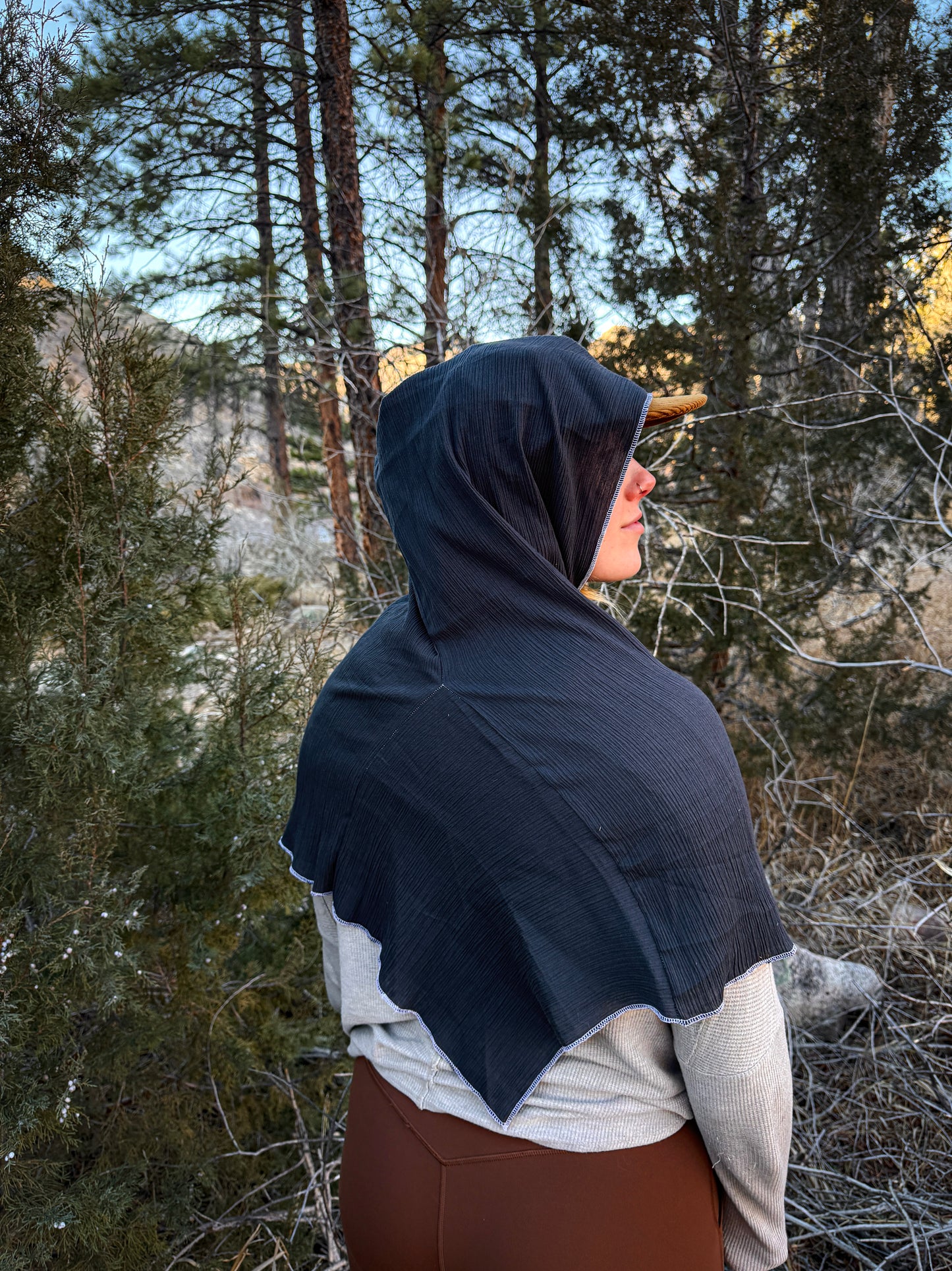 Charcoal Cotton Gauze Hood, White Thread