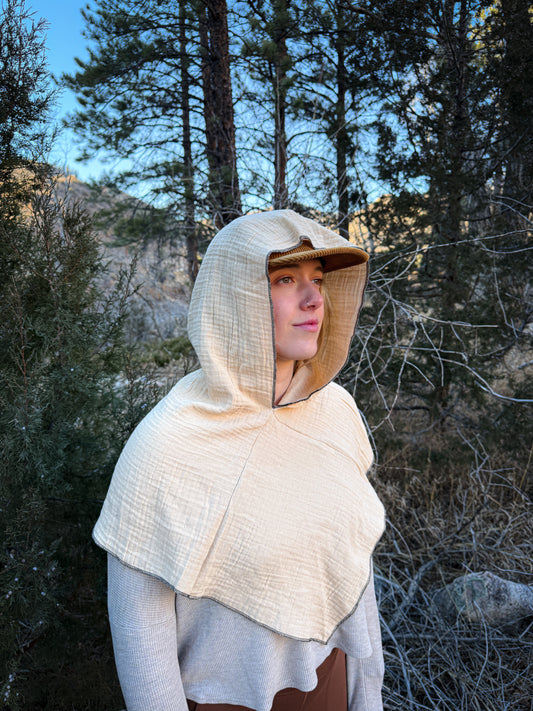 Cream Double Cotton Gauze Hood, Black Thread
