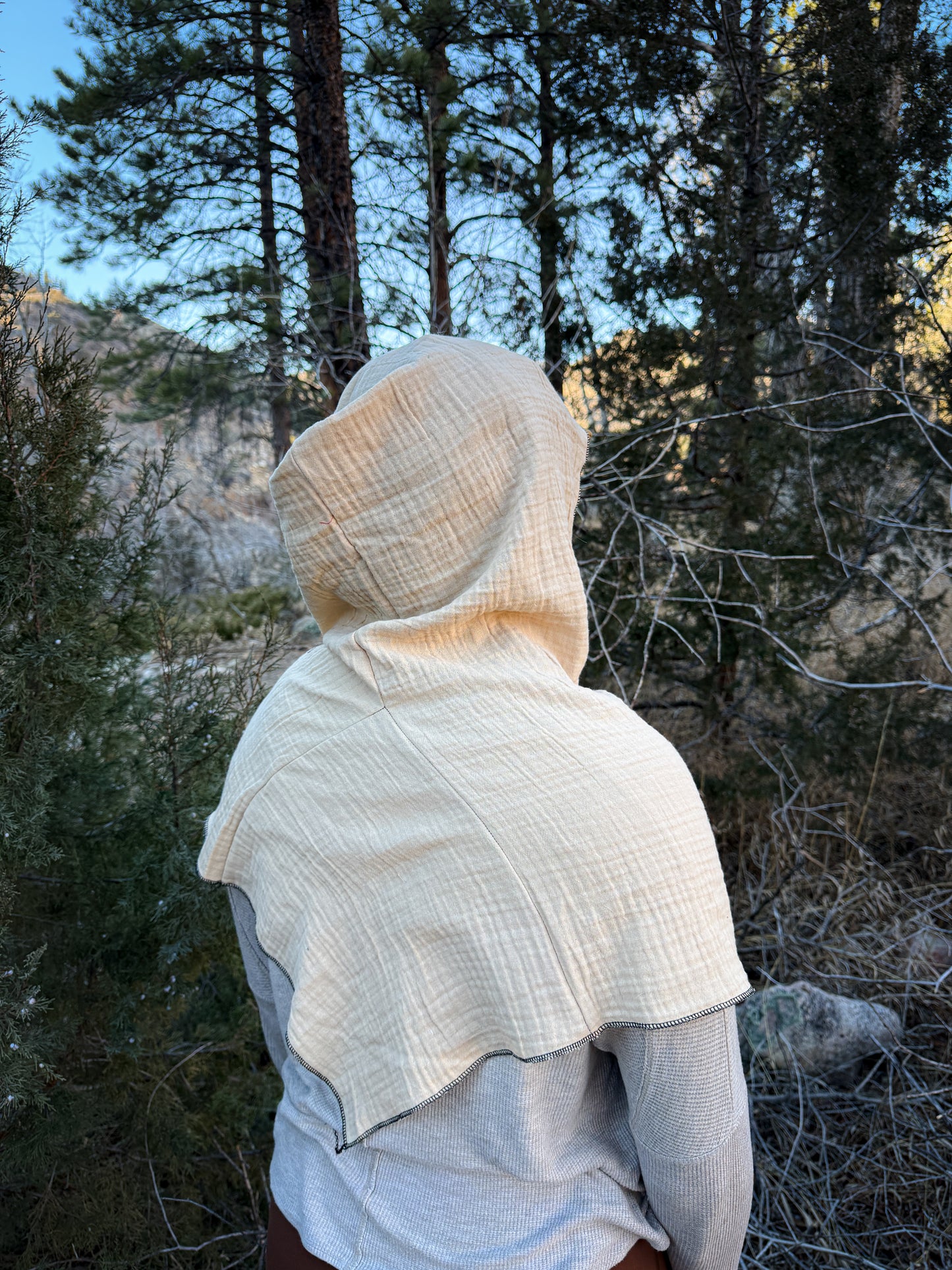 Cream Double Cotton Gauze Hood, Black Thread