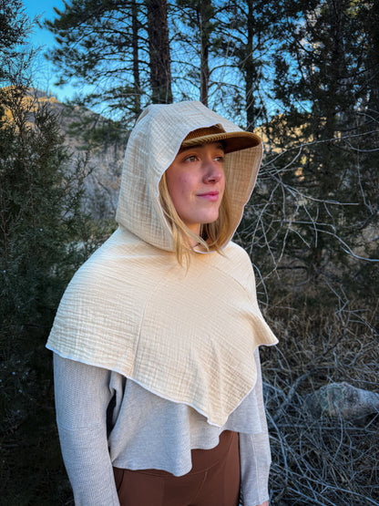 Cream Double Cotton Gauze Hood, White Thread