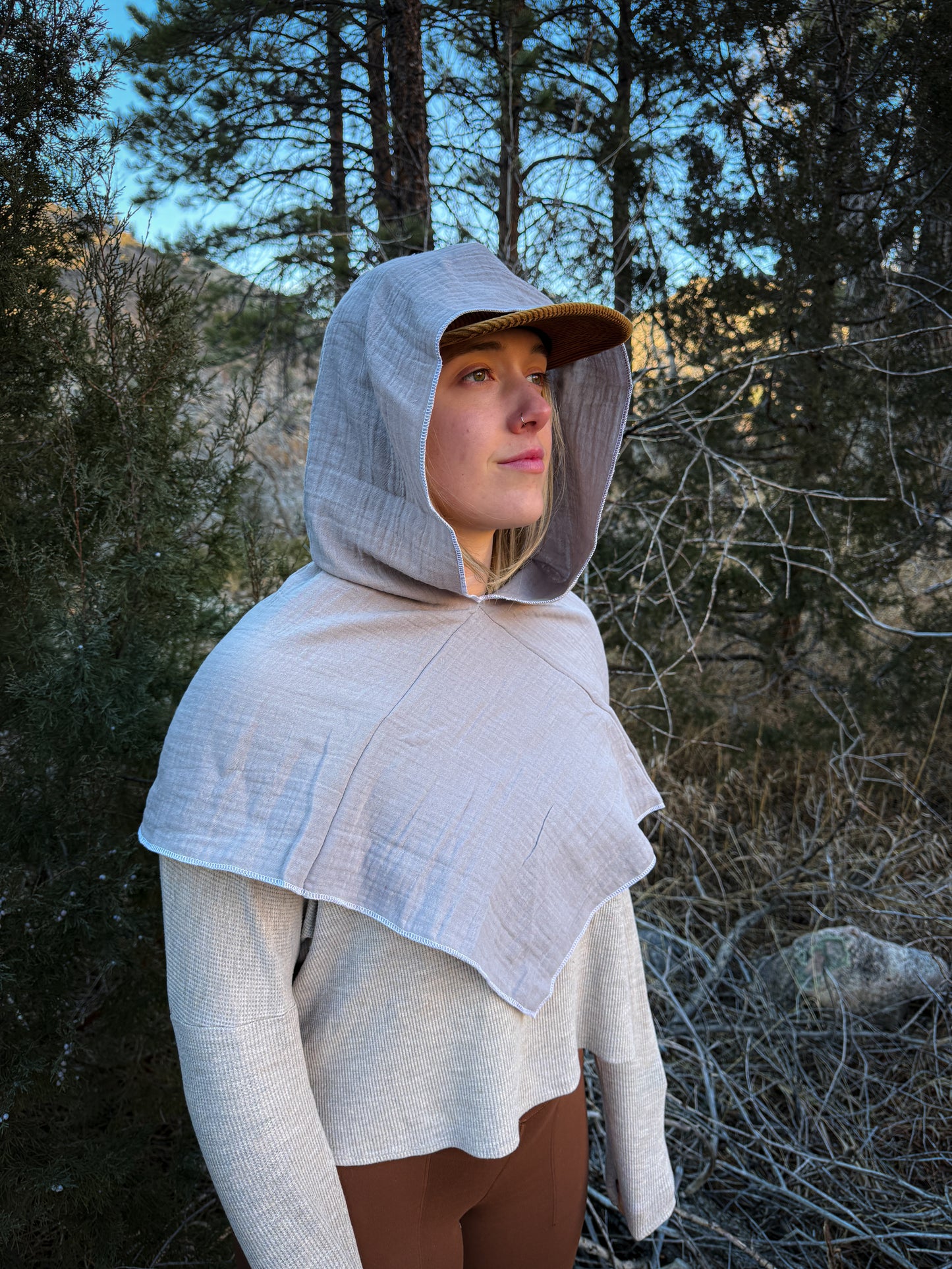 Grey Double Cotton Gauze Hood, White Thread