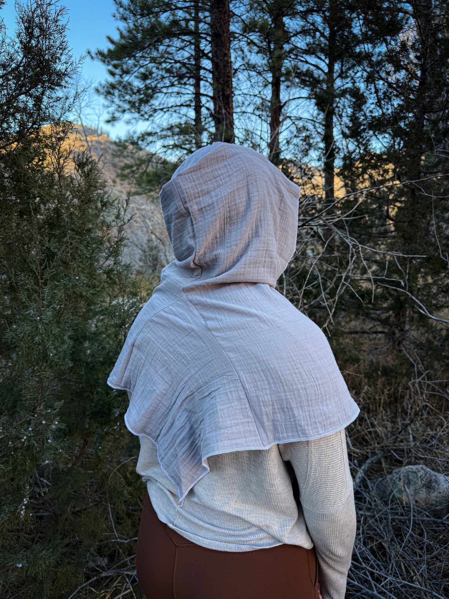 Grey Double Cotton Gauze Hood, White Thread