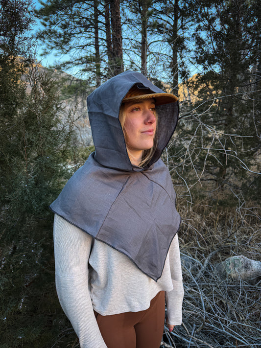 Grey Linen Hood, Black Thread
