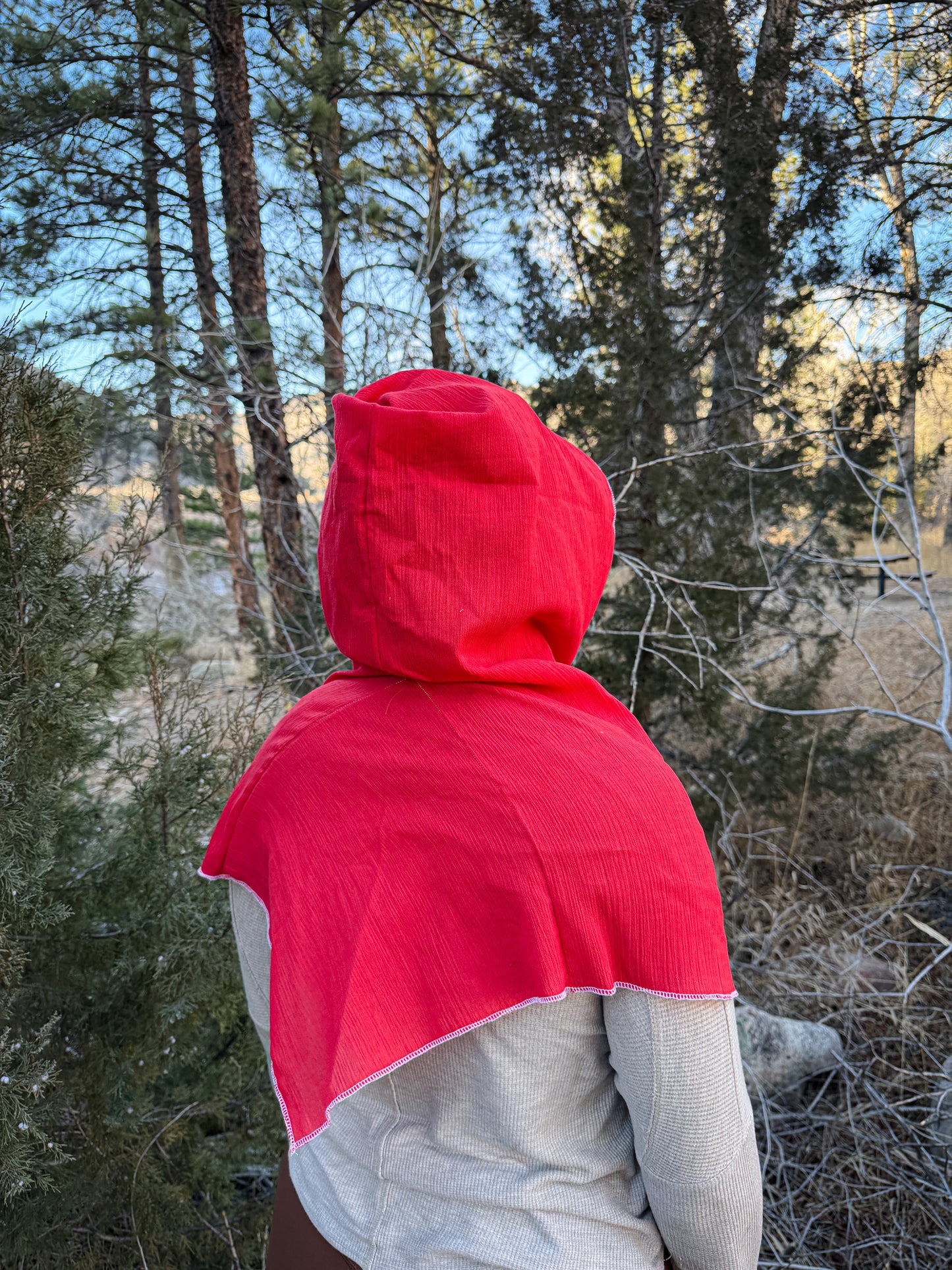 Red Cotton Gauze Hood, White Thread