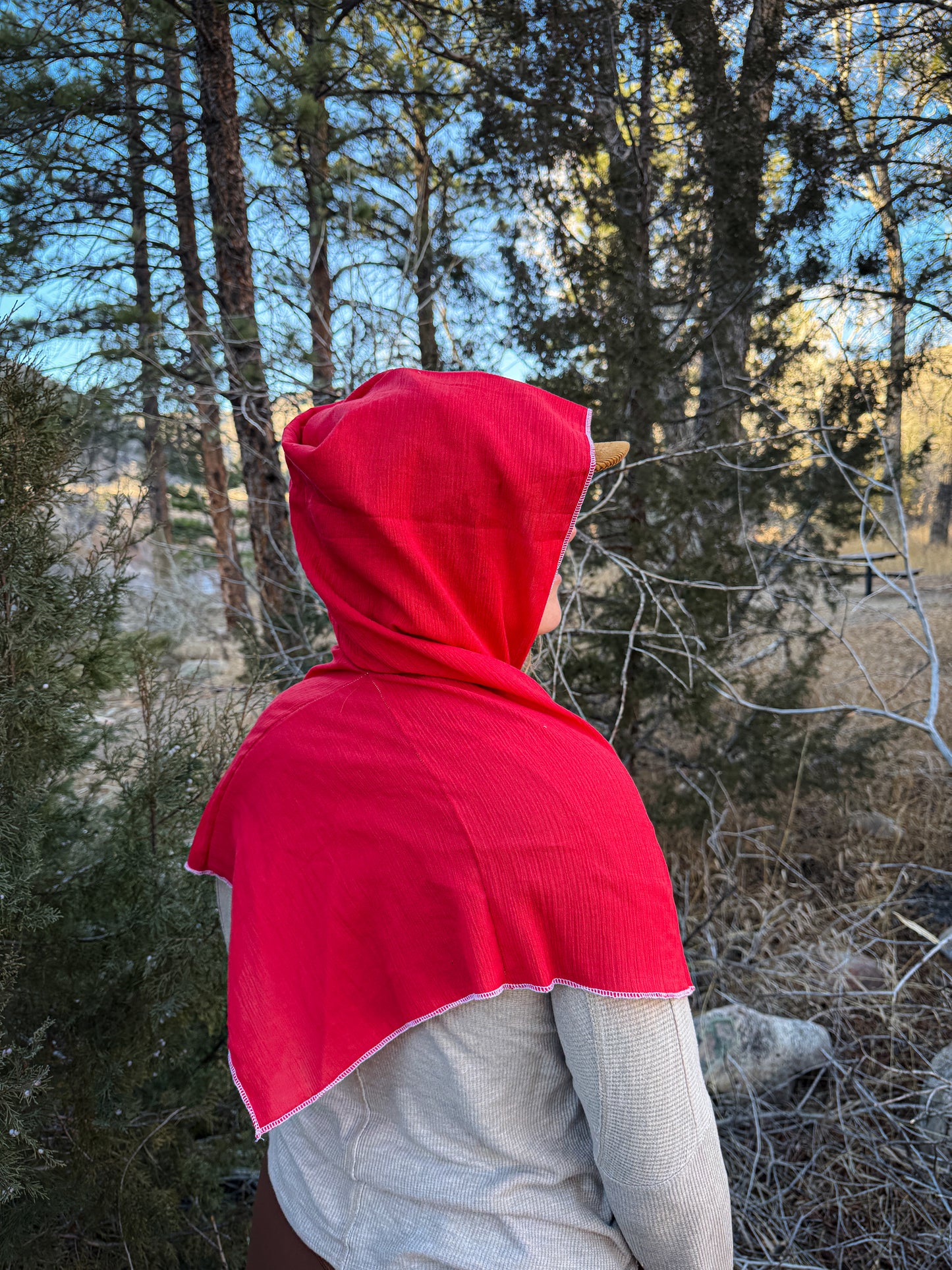 Red Cotton Gauze Hood, White Thread