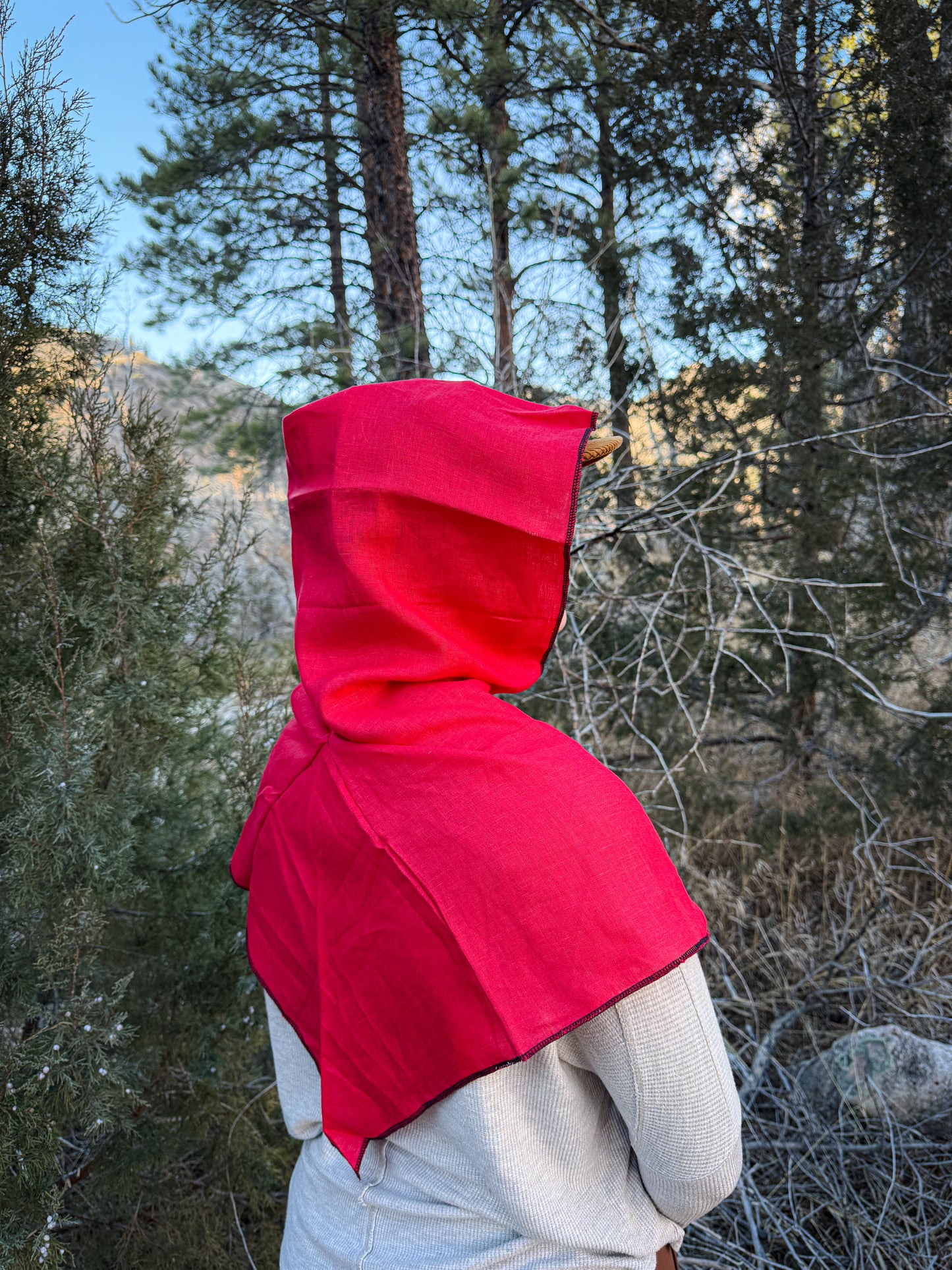 Red Linen Hood, Black Thread