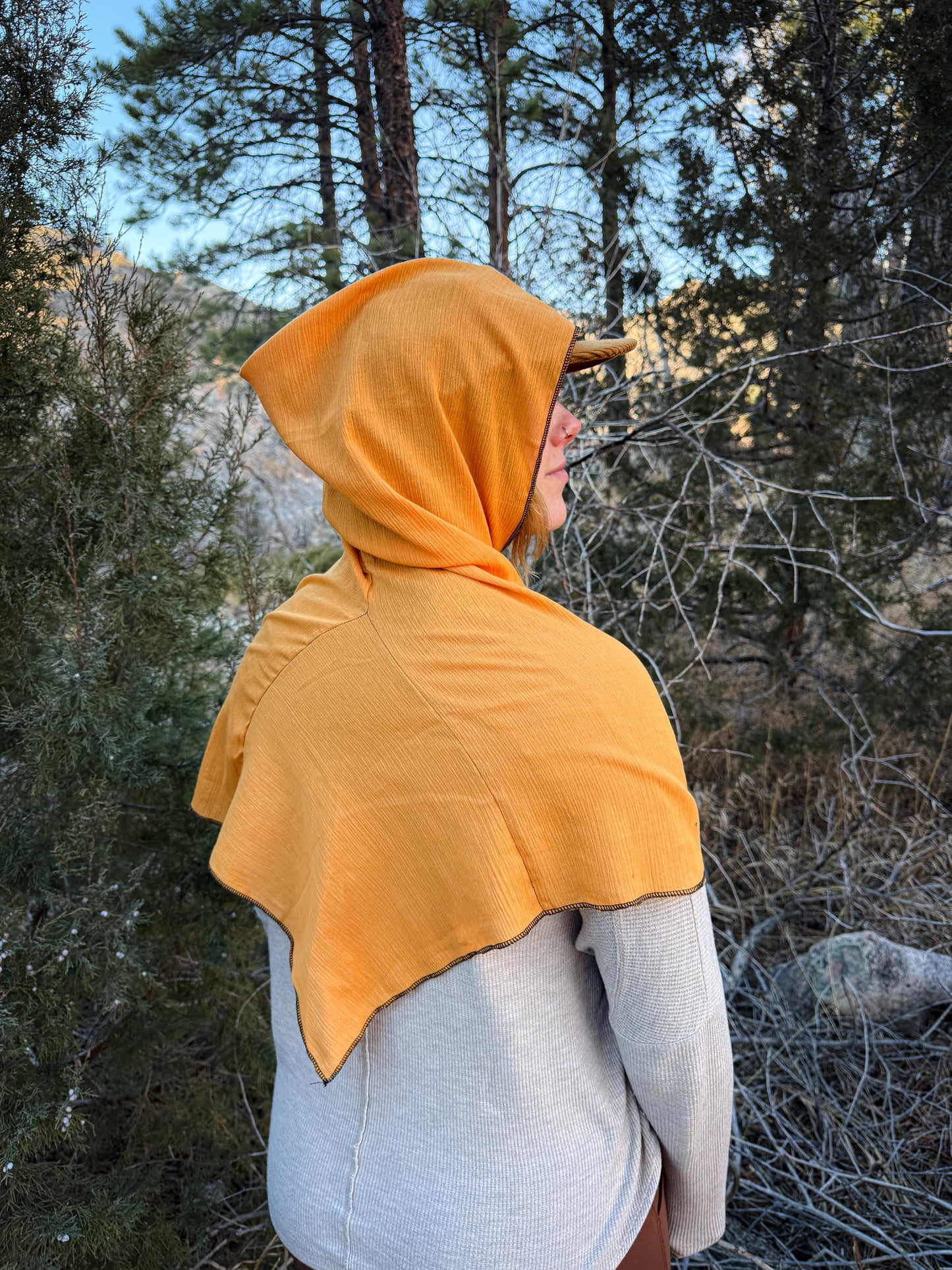 Yellow Cotton Gauze Hood, Black Thread