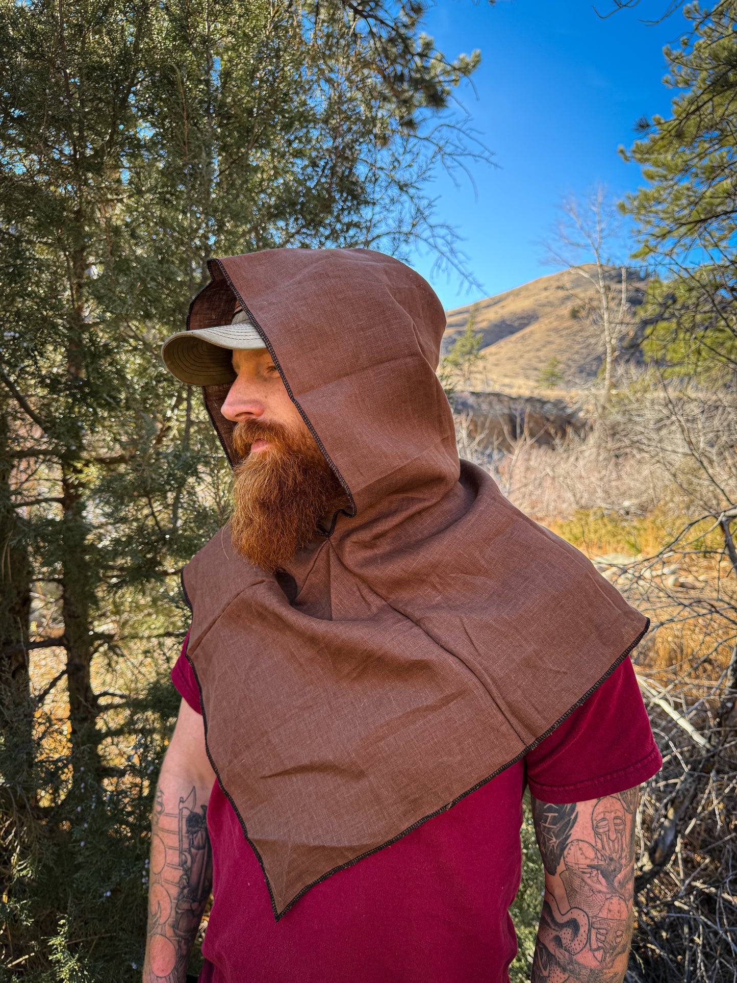 Brown Linen Hood, Black Thread