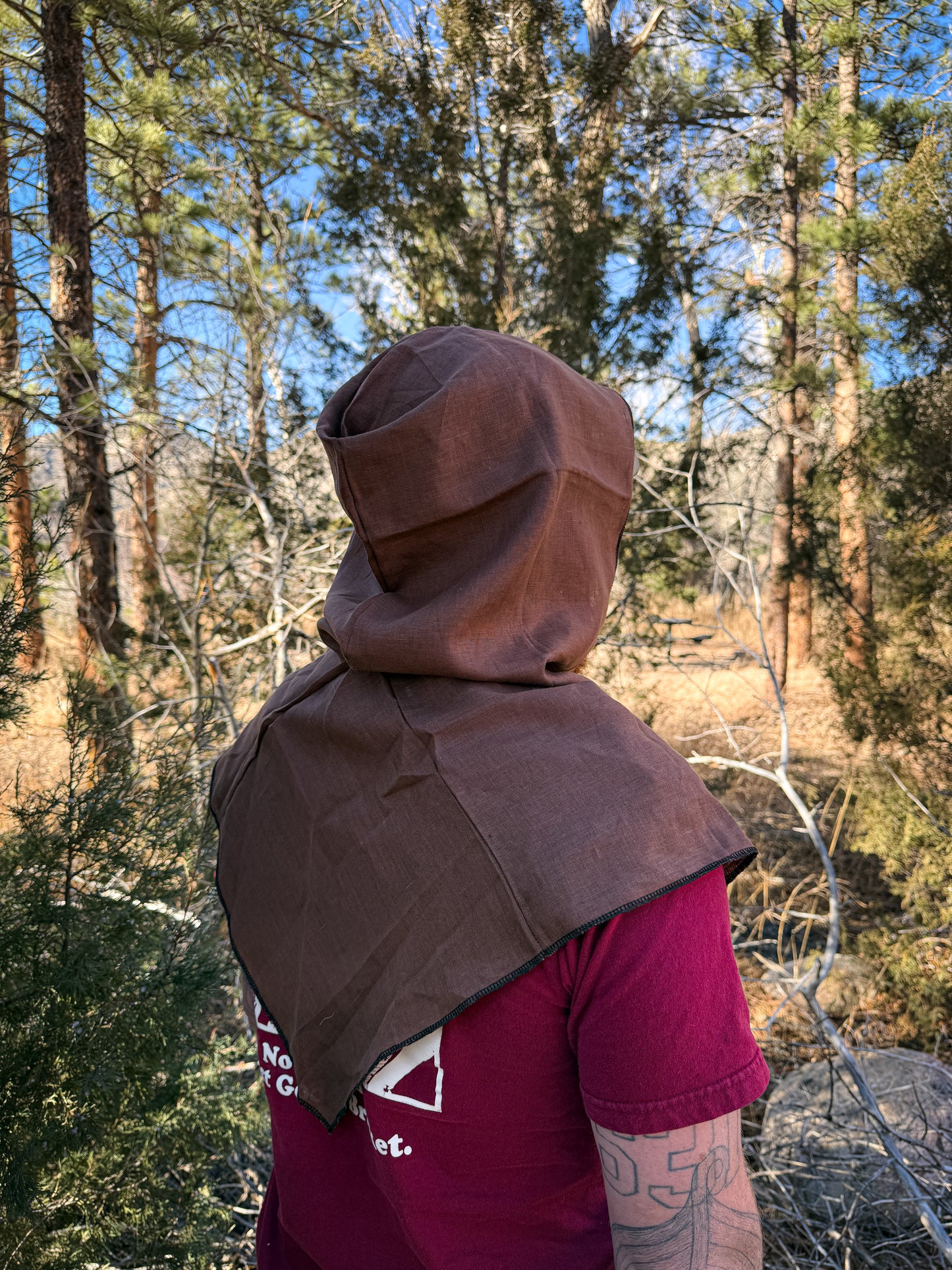 Brown Linen Hood, Black Thread