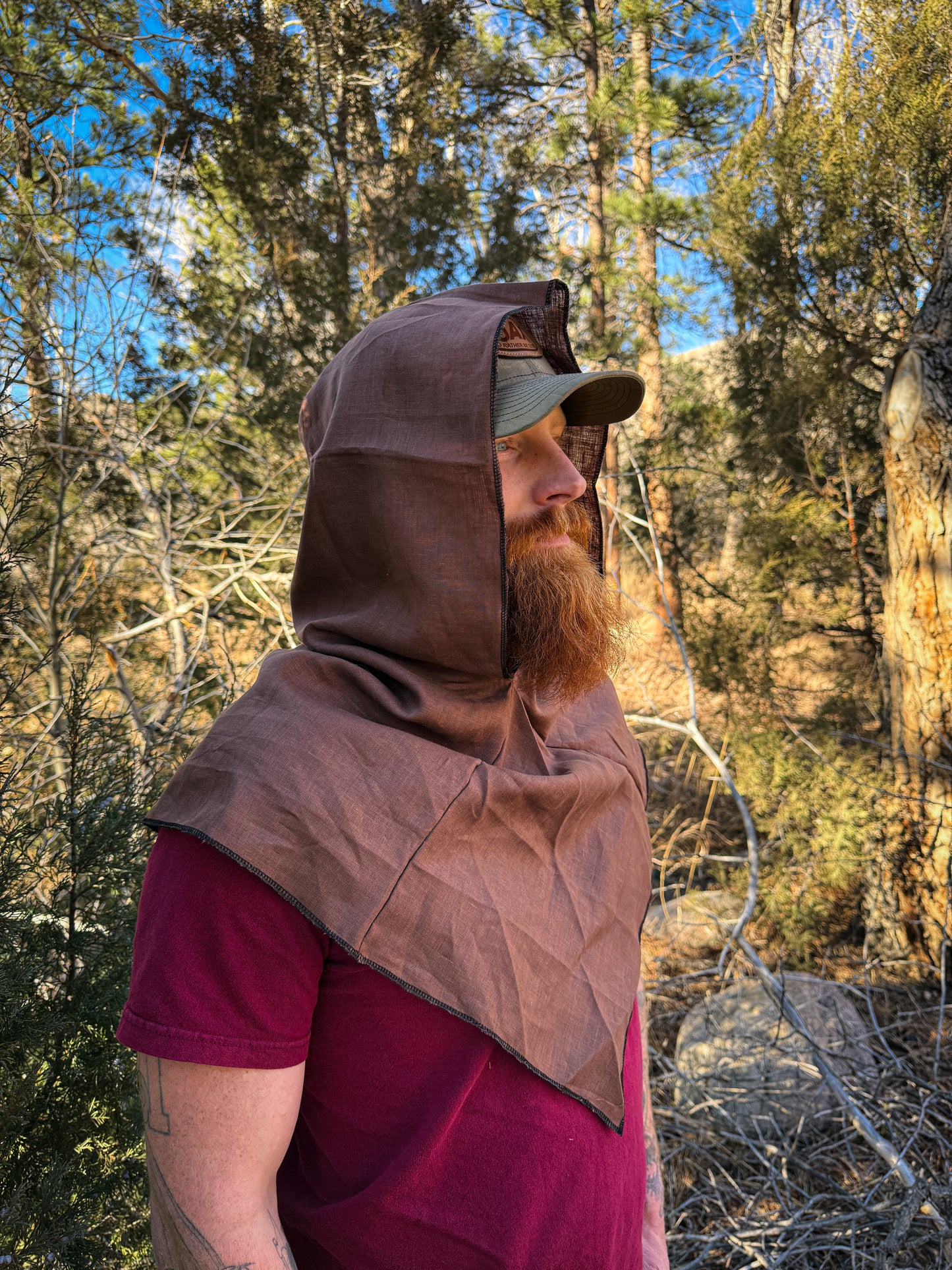 Brown Linen Hood, Black Thread