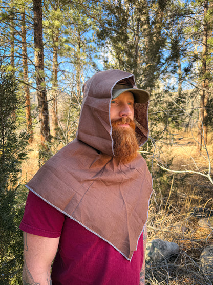 Brown Linen Hood, White Thread