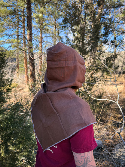Brown Linen Hood, White Thread