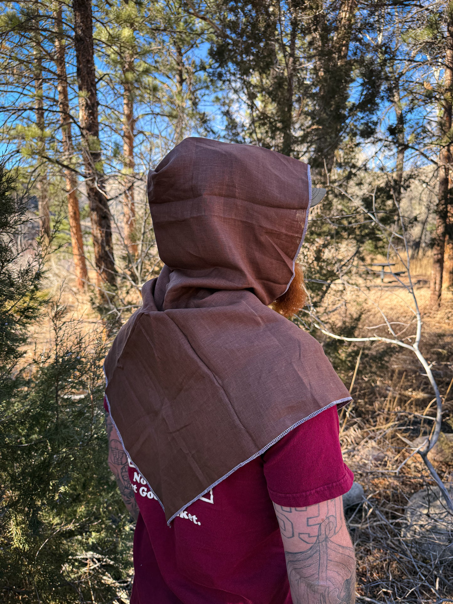 Brown Linen Hood, White Thread