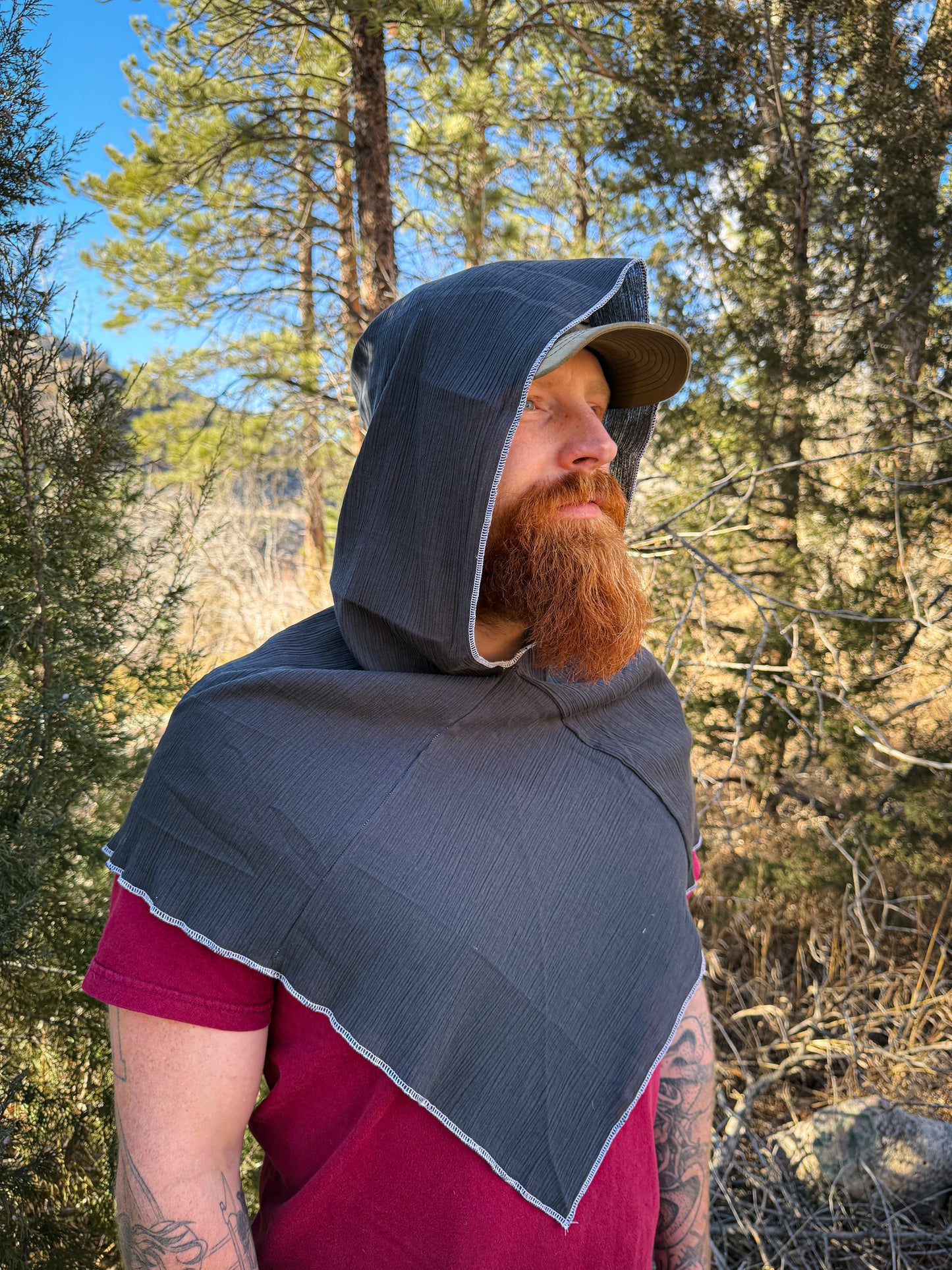 Charcoal Cotton Gauze Hood, White Thread