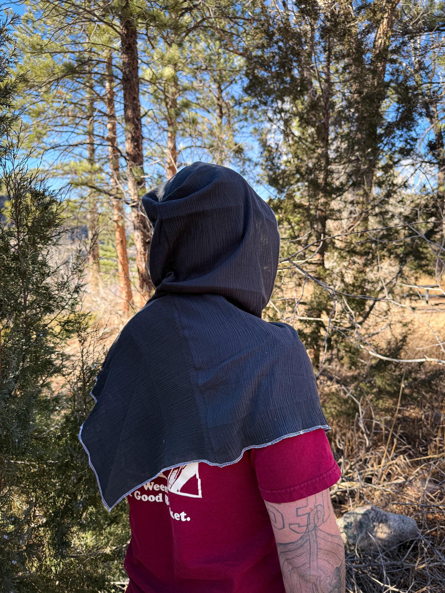 Charcoal Cotton Gauze Hood, White Thread