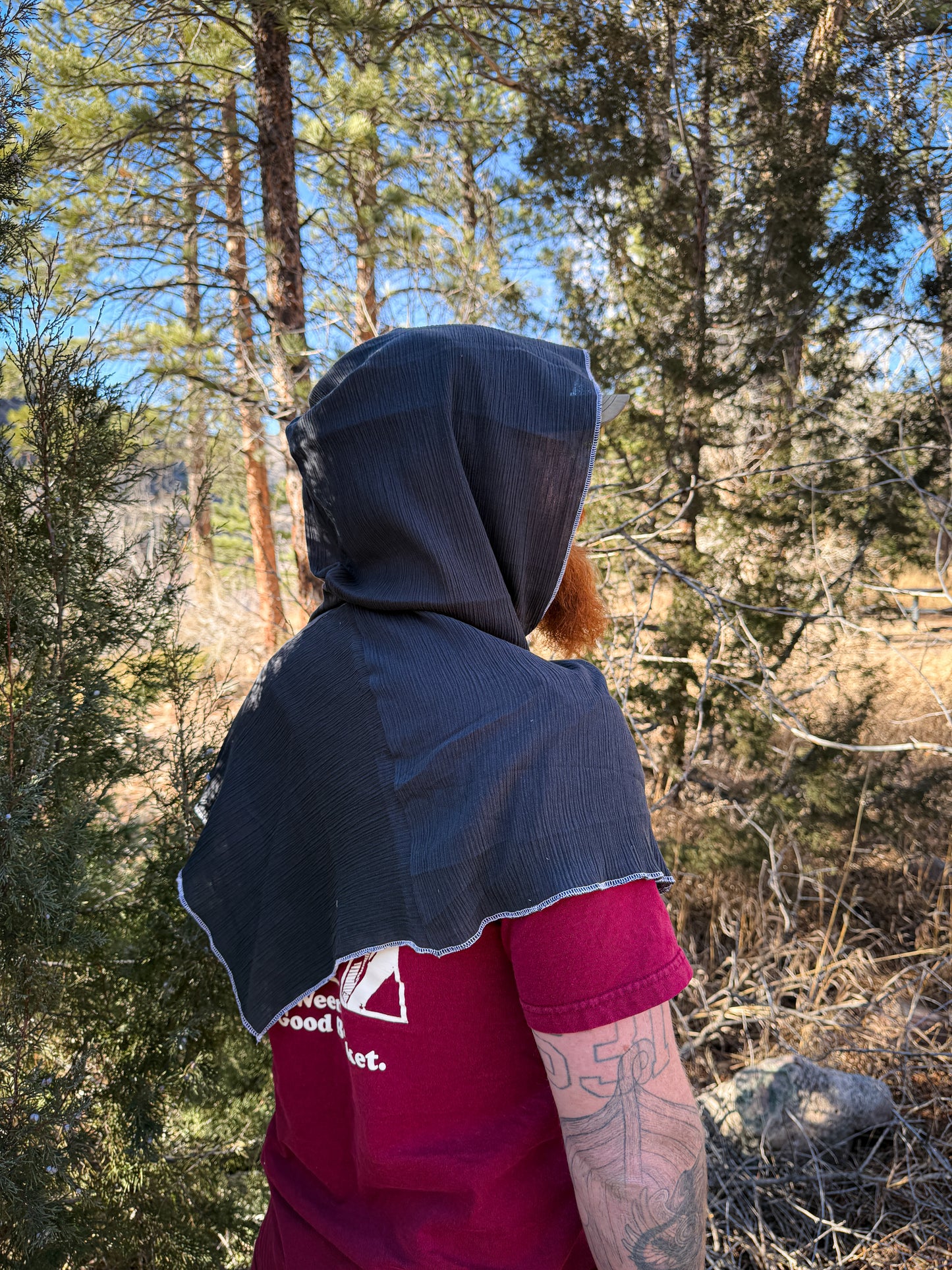 Charcoal Cotton Gauze Hood, White Thread