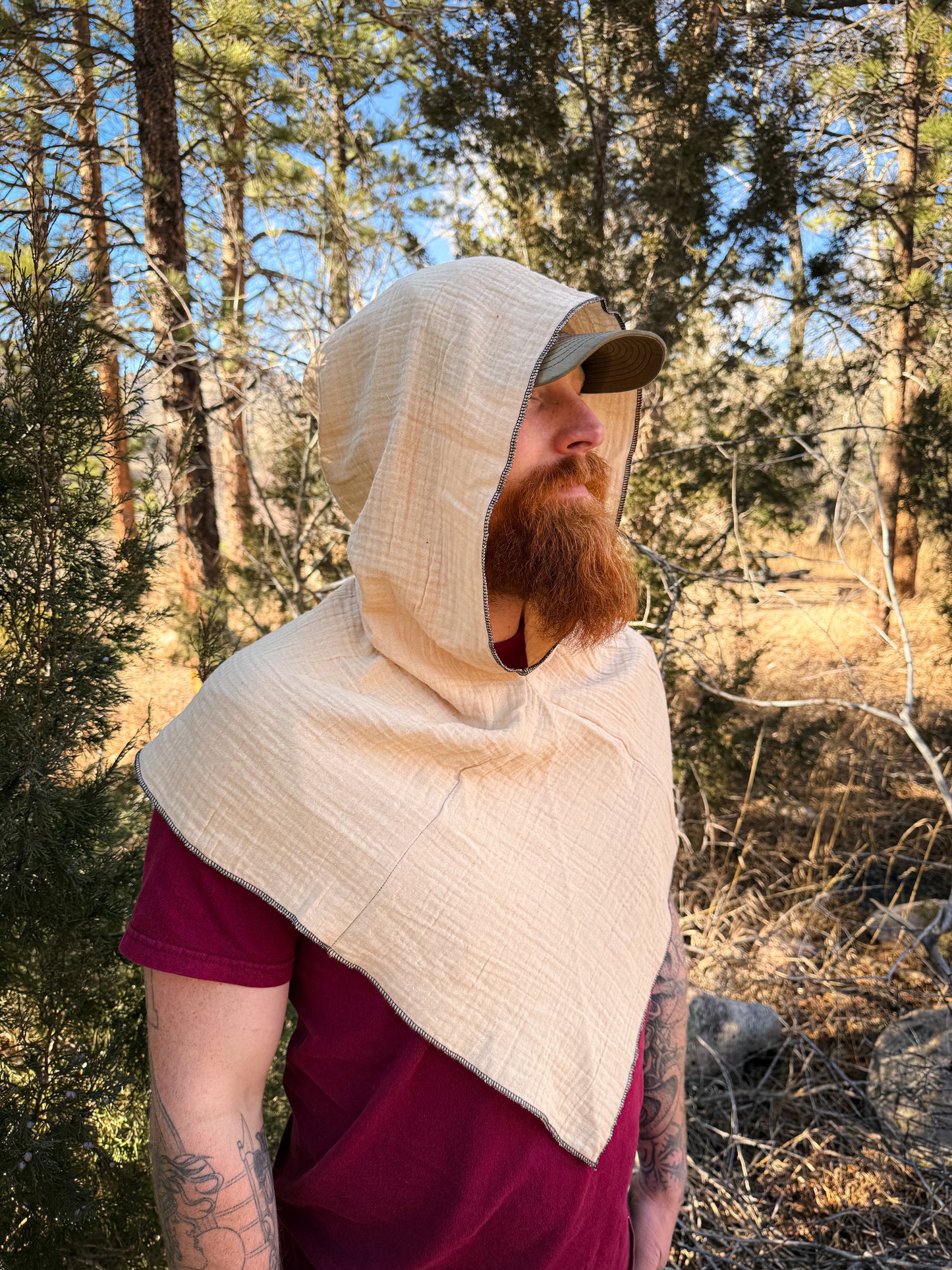 Cream Double Cotton Gauze Hood, Black Thread