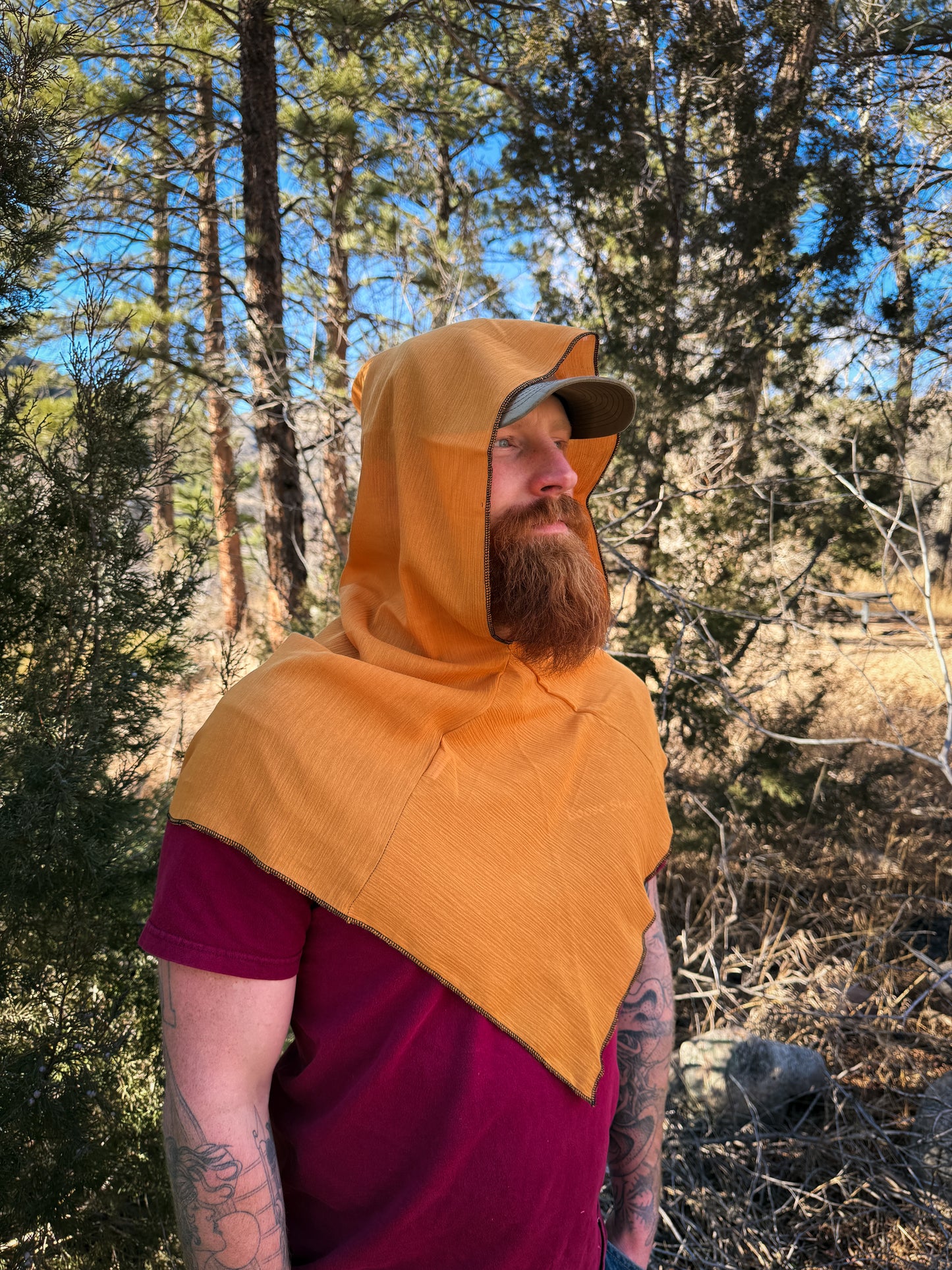 Yellow Cotton Gauze Hood, Black Thread